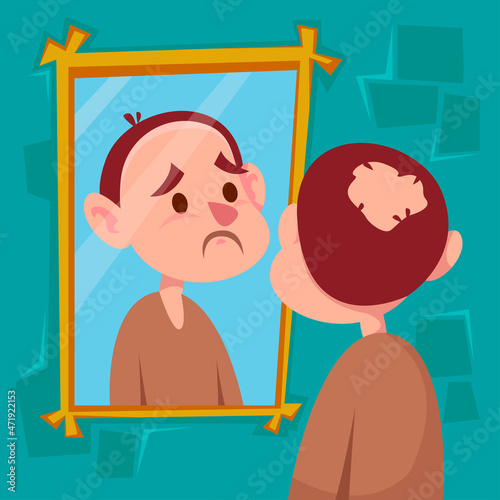 Bald sad man looks at his reflection in the mirror. Set with a view of the character's head and speridi. Bathroom wall. Baldness problem. Vector illustration of characters in cartoon children's style.