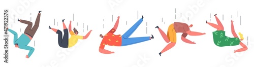 Set of Falling Unhappy Male and Female Characters. Shocked People Falling Down due Stumbling, Slipping, Accident, Injury