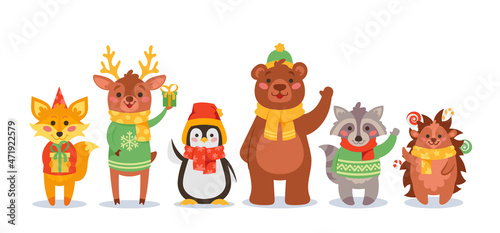 Christmas Animals Waving Hands, Cartoon Characters Fox, Reindeer, Penguin, Bear and Raccoon with Hedgehog Wear Sweaters