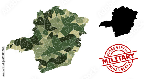 Triangulated mosaic map of Minas Gerais State, and distress military stamp. Lowpoly map of Minas Gerais State constructed from randomized camo colored triangles. photo