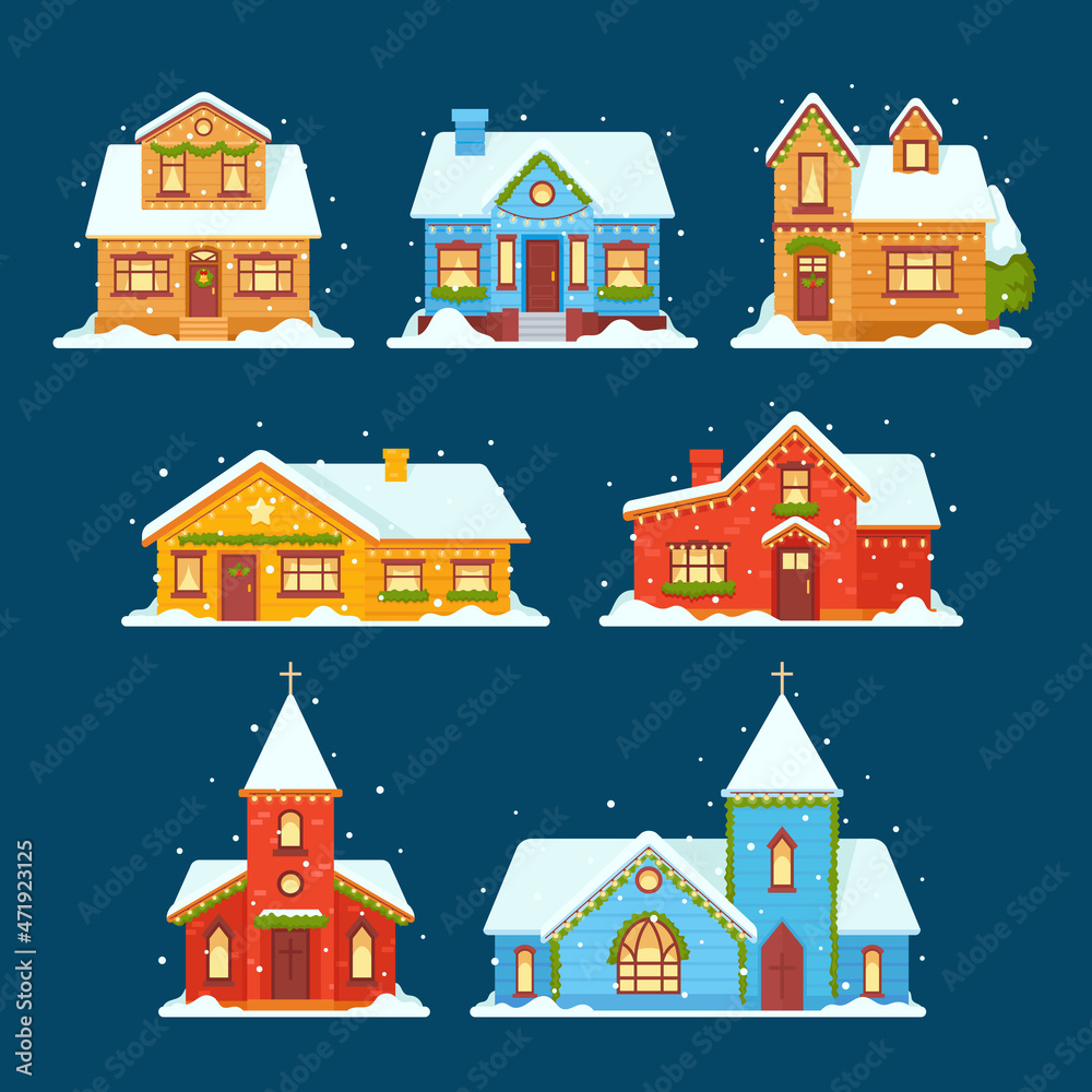 Christmas Private Houses, Cottages and Churches Decorated with Garlands, Spruce Tree Branches and Snow on Roof