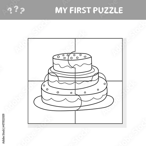 Education paper game for children, sweet cake. My first puzzle. Game for kids. Pieces of puzzle. Coloring page