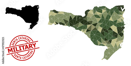 Lowpoly mosaic map of Santa Catarina State, and unclean military stamp print. Lowpoly map of Santa Catarina State designed with scattered camo color triangles.