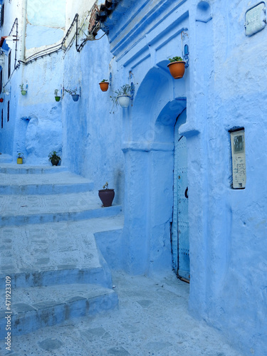 Blue street , door on foreground, stairs, flower vases on walls in Chefchaouen, Morocco © Gisela Fiuza