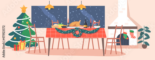 Room at Christmas Night, Empty Home Interior with Fireplace, Decorated Fir Tree With Gifts and Presents and Table