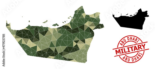 Low-Poly mosaic map of Abu Dhabi Emirate, and grunge military rubber seal. Low-poly map of Abu Dhabi Emirate constructed of randomized khaki colored triangles.