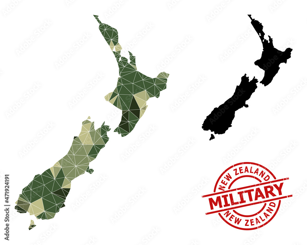 Low-Poly mosaic map of New Zealand, and unclean military watermark. Low-poly map of New Zealand is designed from randomized khaki filled triangles.
