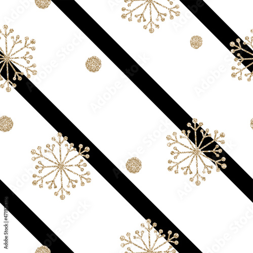 Christmas and winter background with snowflakes. Gold glitter seamless snowflakes pattern for textiles, brochure, card, vector illustration.
