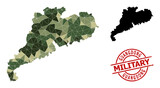 Low-Poly mosaic map of Guangdong Province, and distress military stamp print. Low-poly map of Guangdong Province is combined from random camo color triangles.
