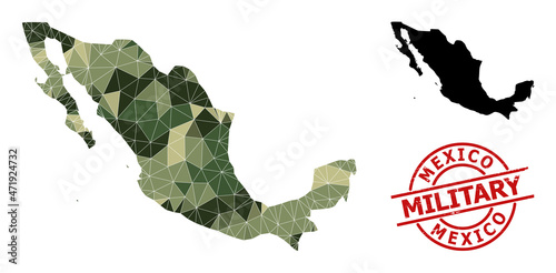 Low-Poly mosaic map of Mexico, and grunge military badge. Low-poly map of Mexico is designed with chaotic camouflage filled triangles. Red round stamp for military and army conceptual illustrations,
