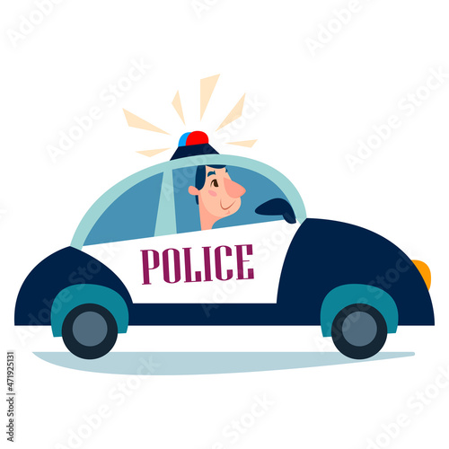 A police car with a patrol rides along the road clipart character. Vector illustration in cartoon style.