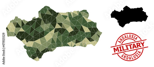 Triangle mosaic map of Andalusia Province, and scratched military stamp imitation. Lowpoly map of Andalusia Province is combined with randomized camouflage colored triangles.