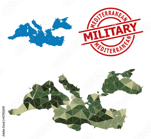 Low-Poly mosaic map of Mediterranean Sea, and grunge military seal. Low-poly map of Mediterranean Sea is combined with randomized camouflage color triangles.