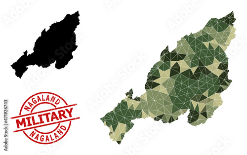 Low-Poly mosaic map of Nagaland State, and scratched military stamp imitation. Low-poly map of Nagaland State designed from chaotic camouflage filled triangles.