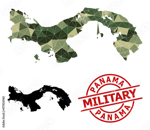 Low-Poly mosaic map of Panama, and unclean military badge. Low-poly map of Panama combined from scattered camouflage color triangles. Red round stamp for military and army abstract illustrations,