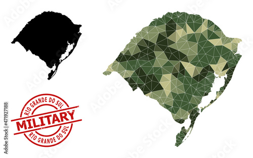 Polygonal mosaic map of Rio Grande do Sul State, and rough military stamp. Lowpoly map of Rio Grande do Sul State is designed of random camouflage color triangles.