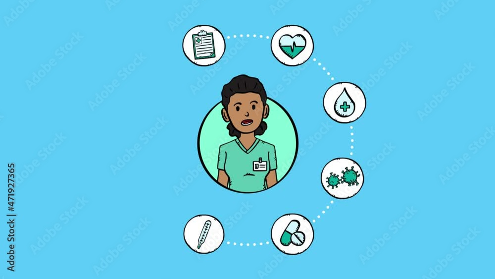Video animation of happy female nurse avatar talking with medical icons appearing around her. Video is in easy to edit loop. Video animation of happy female nurse avatar talking with medical icons appearing around her. Video is in easy to edit loop.