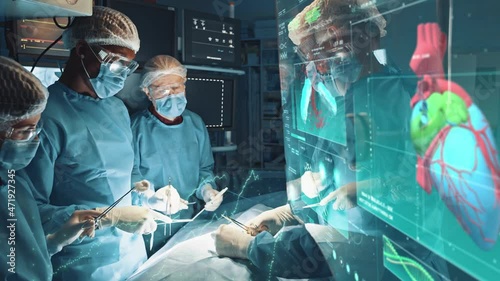 Group of professinal surgeon and nurses performing necessary heart surgery at clinic. 3D render animated heart anatomy holographic virtual scan touchscreen. Augmented reality. Medical industry.