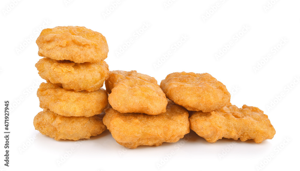 Fried chicken nuggets isolated on white background.