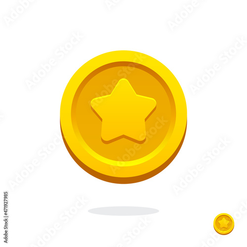 Gold game coin. Coin icon. Gold medal. Coin with the star. Graphic user interface design element. Gold star. Game coin. Money symbol. Game elements. Bank payment symbol. Game purchases. Financial. 