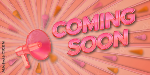 Coming soon poster promotion template with a realistic megaphone and sunburst pastel background 