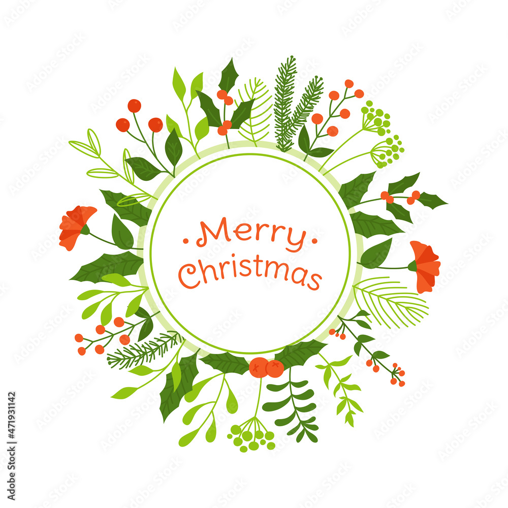 Obraz premium Frame invitation Merry Christmas and New Year. Winter template background xmas congratulations. Branch mistletoe holly, berry, pine winter doodle design. Festive poster or greeting banner