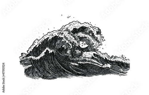 Sea wave sketch. Vintage hand drawn ocean tidal storm waves isolated on white background for surfing and seascape. Vacation and Travel concept. Vector illustration.