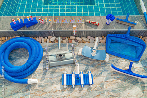 Service and maintenance of the pool.Check the PH of the pool.Liquid test the pH of the pool. Kit care pool. photo