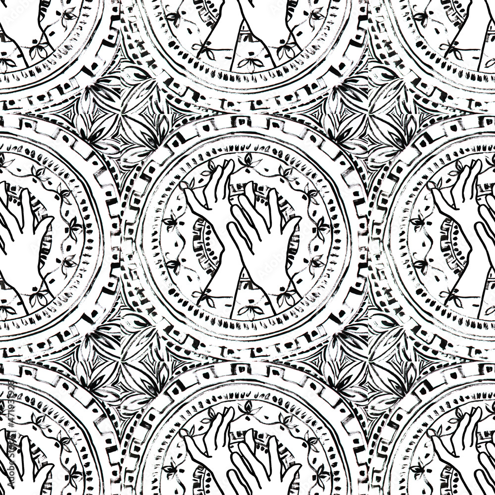Seamless pattern ornate black and white boho mandala decor and two hands. Circle line point stripe wave swirl. Hand drawn acrylic. Creative background for meditation coloring book yoga, relax, balance Seamless pattern ornate black and white boho mandala decor and two hands. Circle line point stripe wave swirl. Hand drawn acrylic. Creative background for meditation coloring book yoga, relax, balance