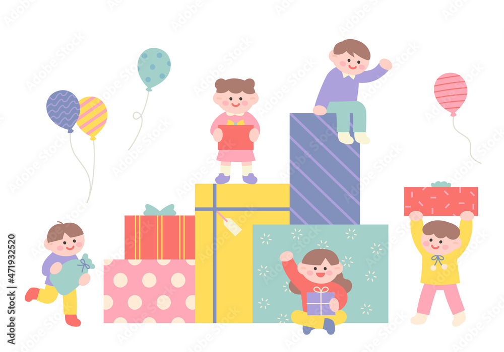 Cute children are having fun around a large gift box. flat design style vector illustration.