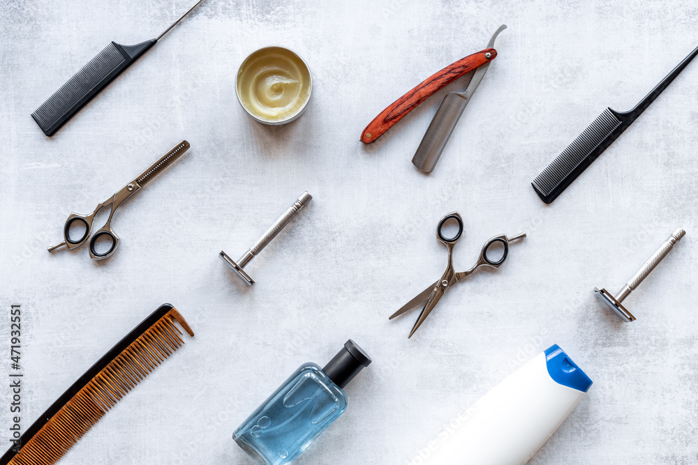 Shaving tools with barber razor and hairdressing scissors. Top view Shaving tools with barber razor and hairdressing scissors. Top view