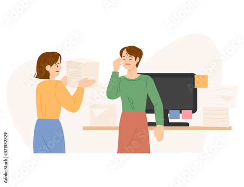 A new employee is doing a job report and the boss is angry. flat design style vector illustration.