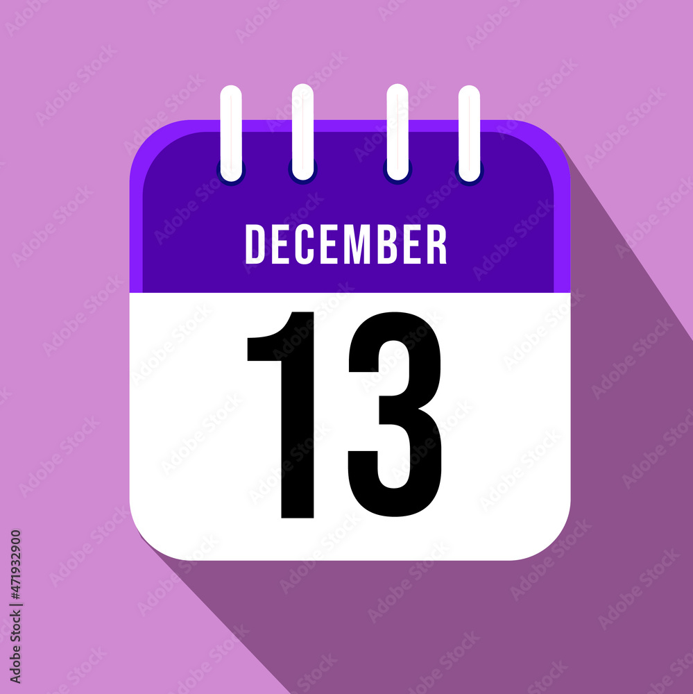 December day 13. Number thirteen on a white paper with purple border on a pink background, calendar sheet. Vector illustration. December day 13. Number thirteen on a white paper with purple border on a pink background, calendar sheet. Vector illustration.