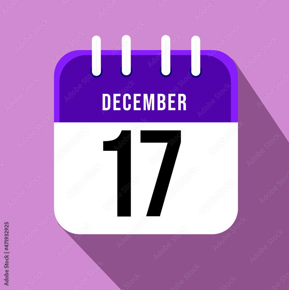 December day 17. Number seventeen on a white paper with purple border on a pink background, calendar sheet. Vector illustration. December day 17. Number seventeen on a white paper with purple border on a pink background, calendar sheet. Vector illustration.