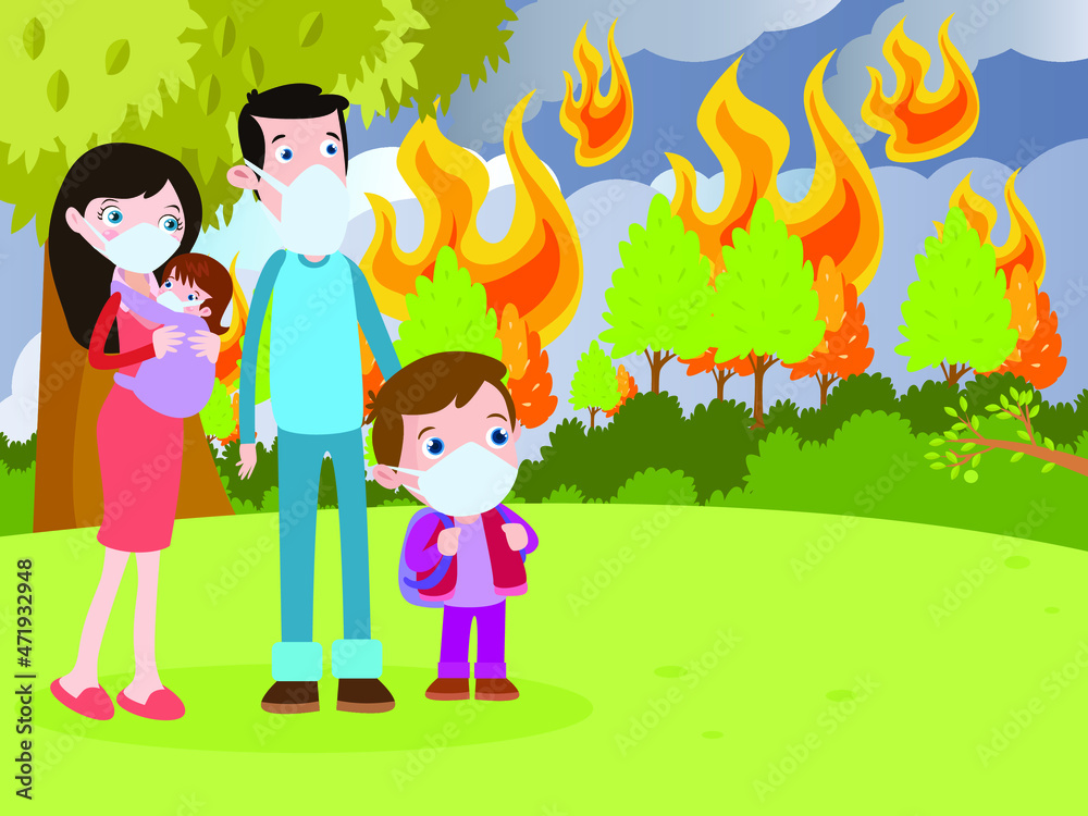 Fire forest vector concept: Young parents and their children looking at fire forest while wearing face mask 