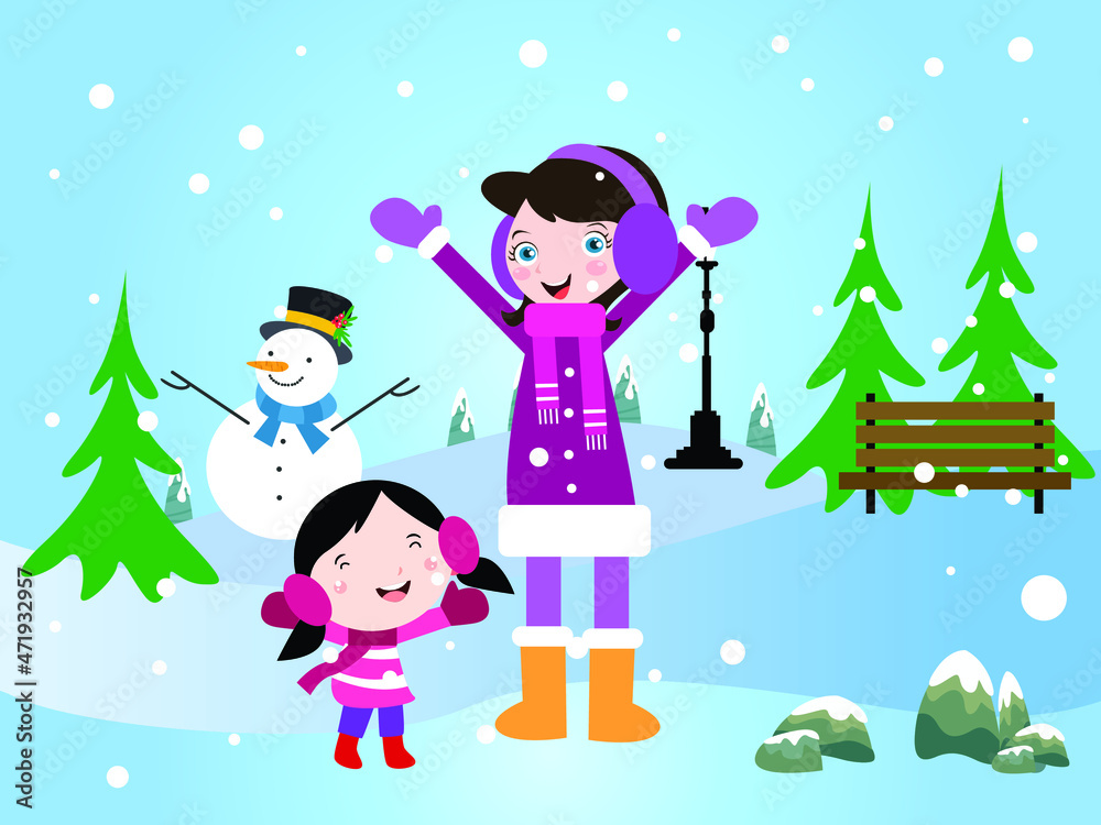 Winter weather vector concept: Young mother and little daughter playing together while enjoying holiday in winter time Winter weather vector concept: Young mother and little daughter playing together while enjoying holiday in winter time