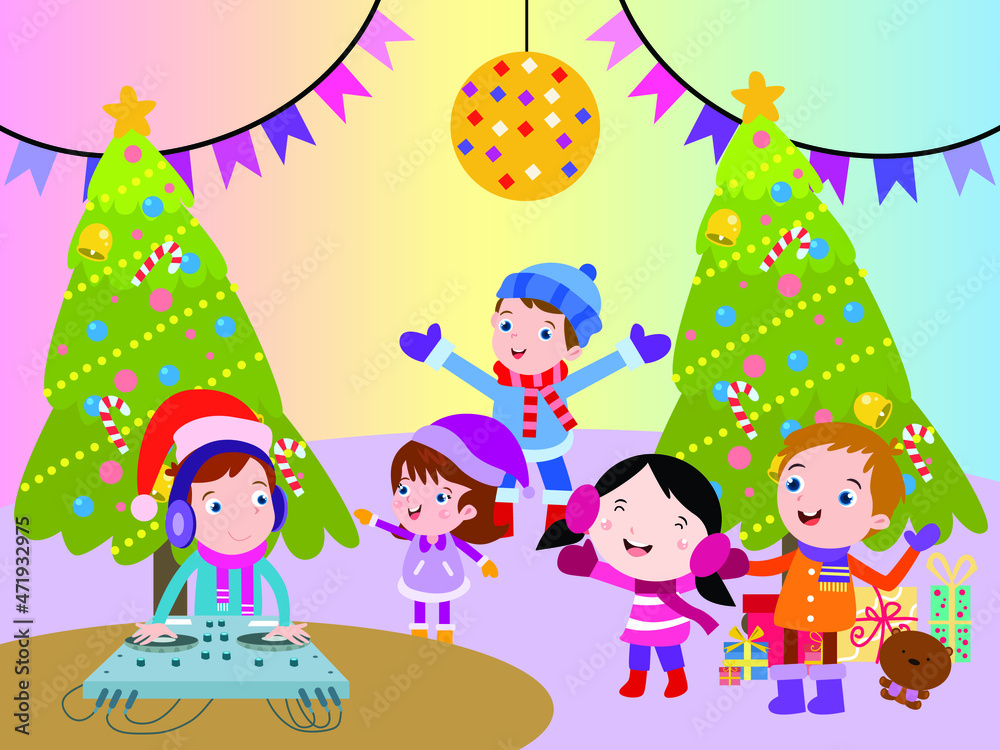 Christmas party vector concept. Group of children cartoon character celebrating christmas day by enjoying music party with christmas tree background Christmas party vector concept. Group of children cartoon character celebrating christmas day by enjoying music party with christmas tree background