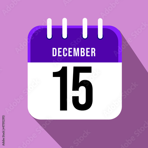 December day 15. Number fifteen on a white paper with purple border on a pink background, calendar sheet. Vector illustration.