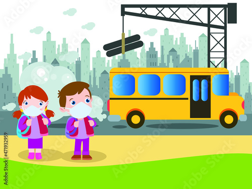 Bad air pollution vector concept: Two little students wearing face mask with bad air pollution while going to school