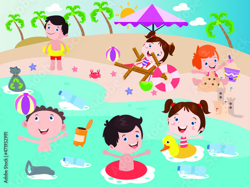 Water pollution vector concept  Group of children enjoying holiday in dirty beach with many rubbish on the water 