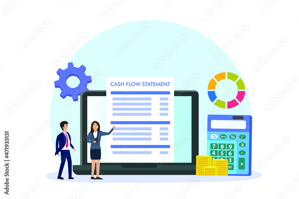 Cash flow statement vector concept: Businesswoman and businessman checking cash flow statement on laptop together Cash flow statement vector concept: Businesswoman and businessman checking cash flow statement on laptop together