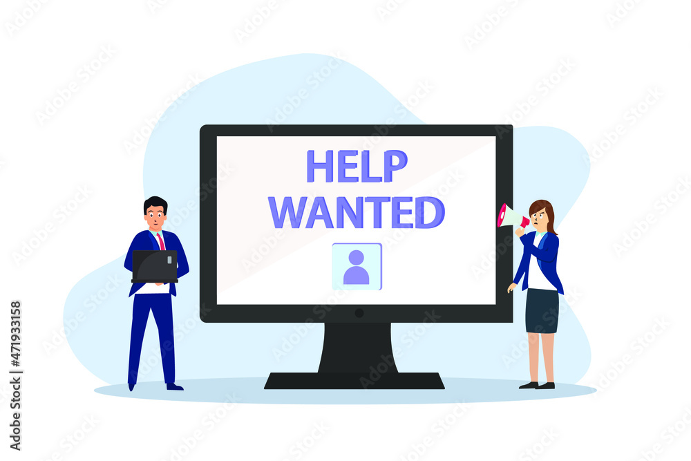 Wanted employ vector concept: Businesswoman giving announcement help wanted with megaphone while young man using laptop