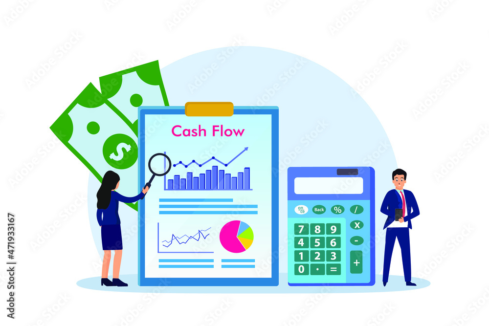 Cash flow vector concept: Businesswoman looking at diagram of cash flow while young man calculating Cash flow vector concept: Businesswoman looking at diagram of cash flow while young man calculating