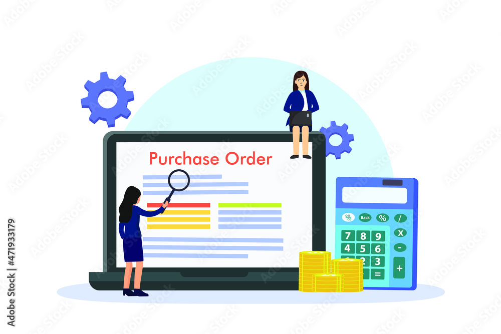 Purchase order vector concept: Two businesswomen checking purchase order on laptop while using magnifying glass