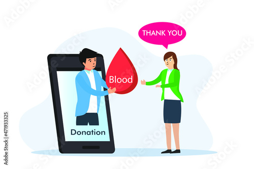Donation vector concept: Young man giving blood donation to young woman while using mobile phone 