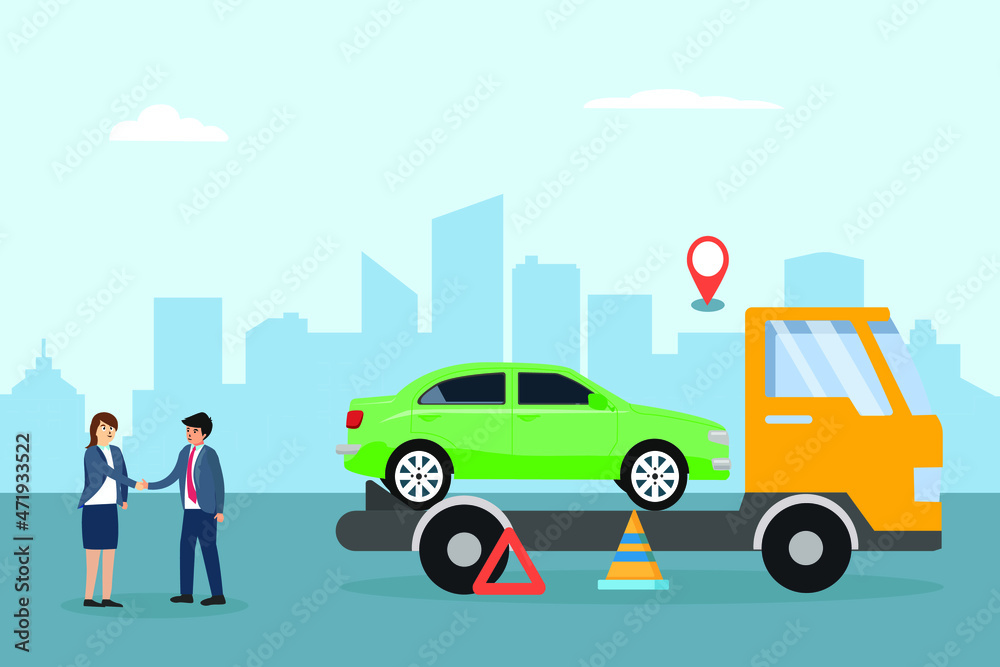 Woman uses car carrier trailer vector illustration flat design Woman uses car carrier trailer vector illustration flat design