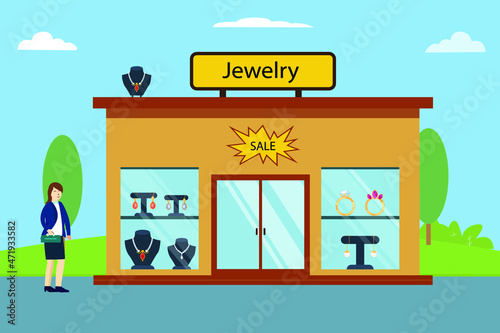 Fototapeta Naklejka Na Ścianę i Meble -  Woman buys jewelry from jewelry shop vector illustration flat design