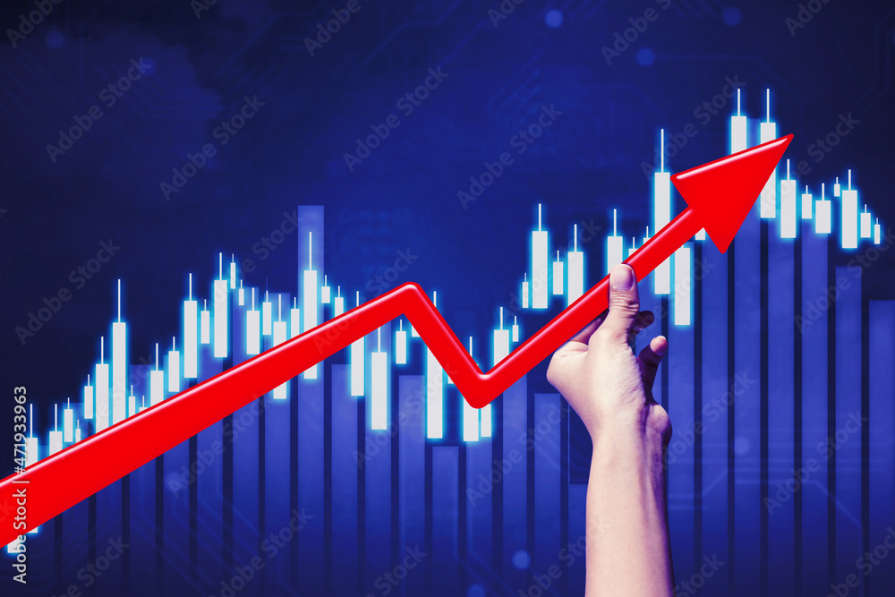 Man holds upward arrow with candlesticks chart Man holds upward arrow with candlesticks chart