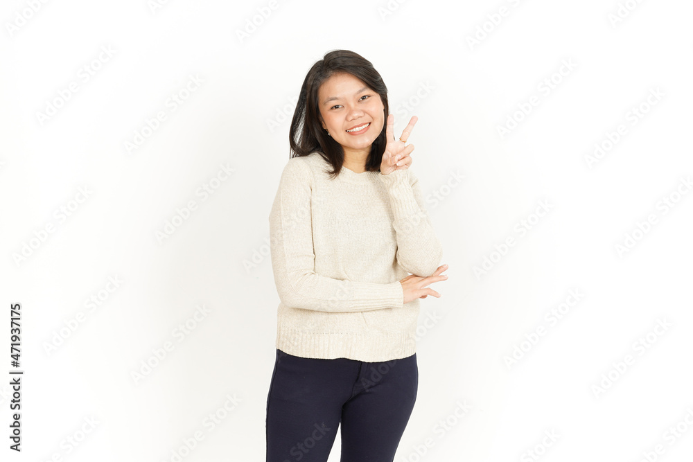Showing Peace or Victory Sign of Beautiful Asian Woman Isolated On White Background Showing Peace or Victory Sign of Beautiful Asian Woman Isolated On White Background