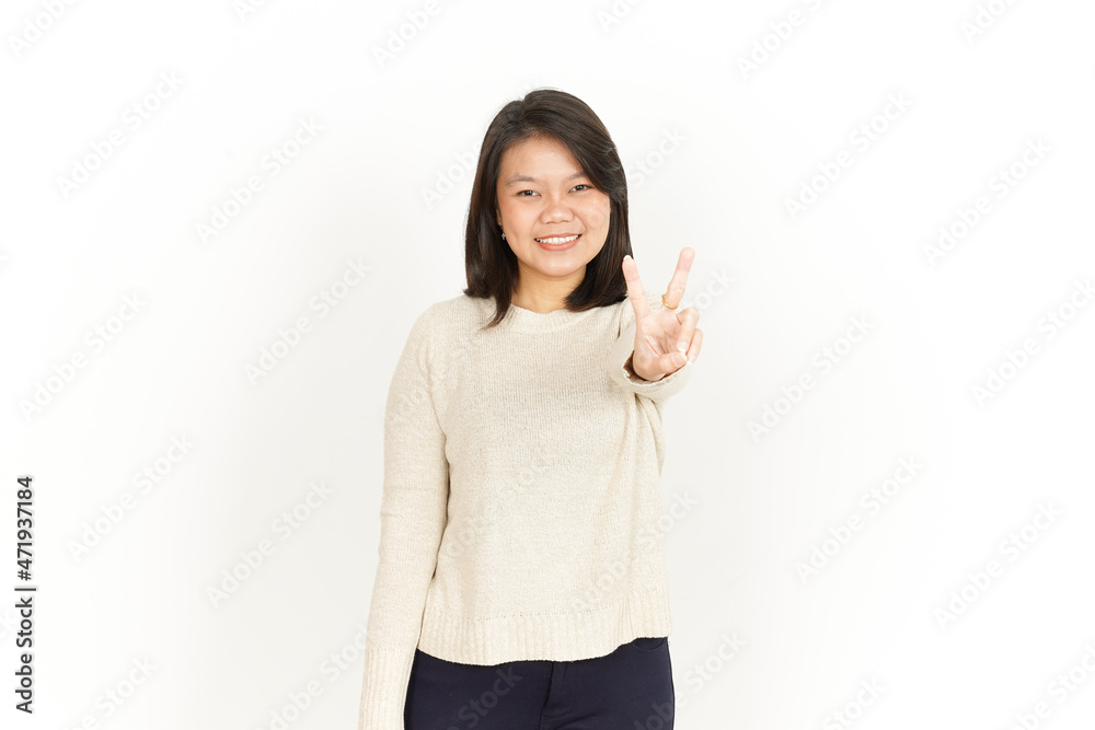 Showing Peace or Victory Sign of Beautiful Asian Woman Isolated On White Background Showing Peace or Victory Sign of Beautiful Asian Woman Isolated On White Background